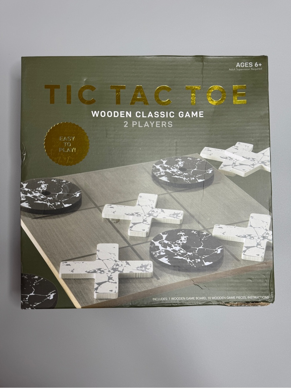Tic Tac Toe Wooden Classic Game - Marble Black & White